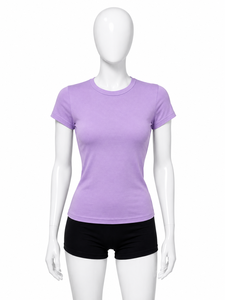 Camiseta de Manga Corta con Cuello Redondo Color Lavanda para Mujer, Corte Ajustado, Color Sólido, Tejido de Punto Informal, para Todas las Temporadas - Product Image 4
