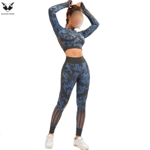 Newest Seamless Abstract Pattern Yoga Set High Waist Workout Leggings Women Long Sleeve <b>Crop</b> <b>Top</b> Out Mesh Fitness Gym Clothing - Product Image 2