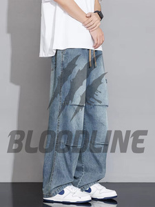 Pantalones Cargo de Mezclilla Lavada a la Piedra para Hombre BLOODLINE, Cintura Media, Corte Holgado, Estilo Urbano, Jeans de Algodón para Otoño - Product Image 5