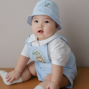 Monli เซ็ต3ชิ้นคุณภาพสำหรับเด็กผู้ชาย, ชุดเสื้อผ้าคอตตอนปักลายสีฟ้าคลุมหมวกจั๊มสูทรุ่นใหม่แขนสั้นพร้อมส่ง - Product Image 2