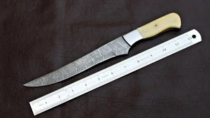 A&M Enterprises Handmade Damascus Steel Fillet <b>Knife</b> with <b>Bone</b> <b>Handle</b> and Leather Sheath Professional Survival Tracker <b>Knives</b> - Product Image 2