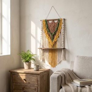 Large 3 Color Macrame <b>Wall</b> Hanging Shelf With Wooden Base Suitable For Boho Home Decor Stylish Storage And Decorative <b>Display</b> - Product Image 4