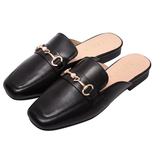 Mocasines Ann's Negros de Punta Cuadrada, de Cuero Genuino, Planos, con una Sola Correa y Hebilla, Estilo Slip-On, para Todas las Temporadas, Color Sólido - Product Image 1