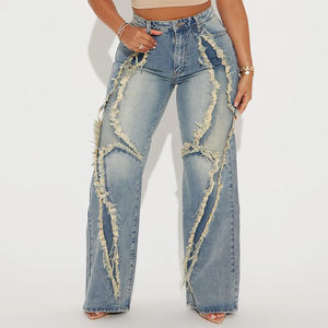 Pantalones Vaqueros Casuales de Cintura Alta con Detalles Deshilachados Personalizados para Mujer 2026, Precio de Fábrica, Corte Recto - Product Image 1