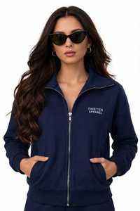 Ensemble de survêtement décontracté pour femme ONETEN APPAREL, bleu marine, en coton, avec fermeture éclair, col montant, manches longues et pantalon de jogging uni - Product Image 3