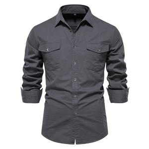 Nouvelle chemise décontractée pour homme en coton 100% avec poche, style automne, couleur unie, coupe ajustée, manches longues, confortable, logo personnalisé - Product Image 6