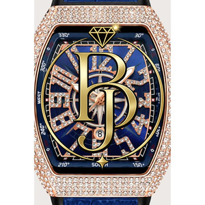 Montre analogique de luxe pour homme, mouvement à quartz Shanghai, boîtier rectangulaire, incrusté de diamants, bracelet en cuir bleu or rose, boîtier en métal - Product Image 3