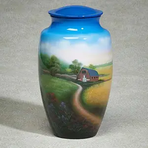 Modern Western Style Metal Cremation Urn With Multi Color Enamel Finishing Scenery Design Excellent Quality For Funeral Services