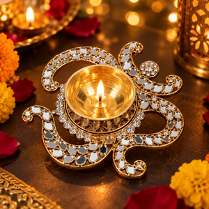 Diya de latón con espejo para decoración de Diwali, Pooja y templos |   Elegante Lámpara de Aceite Decorativa para Decoración Festiva del Hogar - Product Image 1