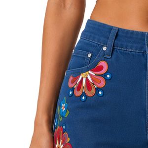 <b>Womens</b> Dark Blue Floral Printed Denim Shorts High Waist Casual Summer <b>Jean</b> Shorts Custom Embroidered Fashion OEM Manufacturer - Product Image 3