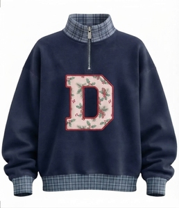 Sudadera de punto verde oversize para mujer con estampado, logo bordado de trineo, ribete de guinga roja y cuello simulado, suéter casual de primavera - Product Image 2
