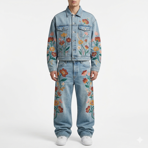 ชุดแจ็คเก็ตยีนส์เดนิมผู้ชาย สไตล์สตรีทแวร์ ชุดสองชิ้น ผ้าหนาปักลายปักกลางตัวเสื้อ ซักแบบ Stone Washed รับผลิตตามแบบ OEM ODM ขายส่ง - Product Image 1