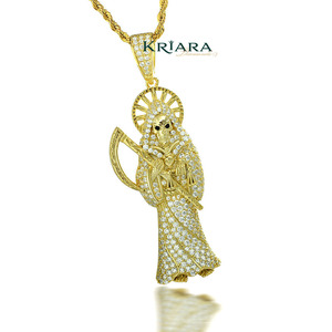 Colgante de plata 925 con baño de oro amarillo de la Parca, con incrustaciones de diamantes redondos cultivados en laboratorio, amuleto religioso, estilo hip hop unisex - Product Image 1