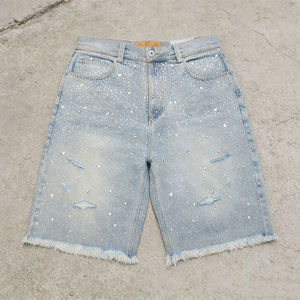 Shorts en jean déchirés pour homme, taille mi-haute, délavage clair, coupe droite, décontracté, été, en tissu de coton écologique - Product Image 1