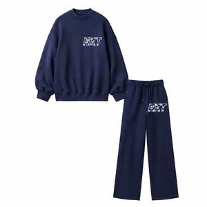 Conjunto de 2 Sudaderas de Cuello Redondo, Manga Larga, Corte Holgado Informal, para Todas las Temporadas, Color Azul Marino, con Estampado de Letras, Tejido de Algodón Bordado - Product Image 1