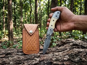 Handmade Industrial Grade Damascus Steel Folding <b>Knife</b> With Camel <b>Bone</b> <b>Handle</b> and Leather Sheath for Outdoor Camping - Product Image 3