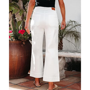 Vaqueros casuales de mujer de pierna ancha, cintura alta, corte cropped, acampanados, elásticos, holgados, con bolsillos de parche - Product Image 3