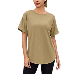 Women's Khaki Color Breathable Short Sleeve Crew Neck T-Shirts Summer Fashion Casual Style Custom Printed Canvas Logo Decoration - Product Image 4