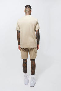 T-shirt pour homme beige texturé à col rond, manches courtes, coupe ample, couleur unie, respirant, en coton, pour l'été - Product Image 3