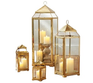<b>Brass</b> <b>Lantern</b> Candle Holders Set of 4 Mirrored Glass Wedding Home Decoration Durable Metal <b>Lanterns</b> - Product Image 1
