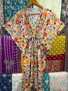 Flower Print Cotton Eco-Friendly V-neck Feather Tassel <b>Kaftan</b> Dress Long Loose Fit Maxi Indian <b>Plus</b> <b>Size</b> for Women All Season - Product Image 2