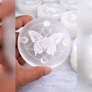 Natural Selenite <b>Crystal</b> Charging Plate Engraved Butterfly Moon Phase Design Round Selenite Disc for <b>Crystal</b> Charging Meditation - Product Image 1