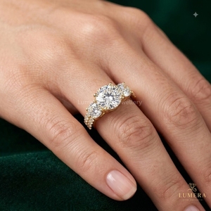 Past Present Future Diamond Ring, Three Round <b>Cut</b> <b>Stones</b>, Double Micro Pave Half Eternity Shoulder Band, Solid Gold Fine Jewelry - Product Image 4