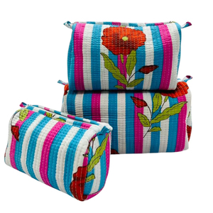 Indian Multicolor Hand Block 100% Cotton Printed Quilted Cosmetic <b>Storage</b> Utility Bag Set Makeup Travel Pouch (Set of 3) - Product Image 1