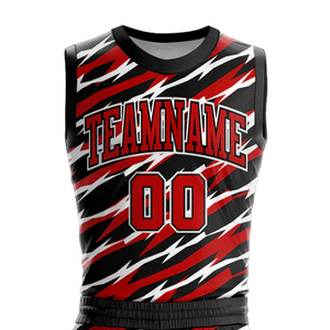 Ensemble de maillots de basketball personnalisés imprimés par transfert thermique, nom de l'équipe 00, rouge, noir, blanc, uni, short, anti-humidité, adulte, unisexe, devant - Product Image 3