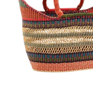 Unique BoHo Style Seagrass <b>Handbags</b> <b>Red</b> Leather Handle Open Weave Striped Woven Straw Tote Bag Casual Women OEM - Product Image 4