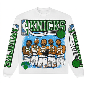 Camiseta de manga larga con estampado del equipo Knicks para hombre, informal, con cuello redondo, de algodón, corte regular, color blanco - Product Image 1