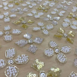 Nuevo Diseño de Tela de Tul con Cuentas Doradas Champán, Lentejuelas Florales 3D, Encaje para Vestido de Novia, Vestido de Noche, Venta al por Mayor - Product Image 1