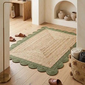 Natural Rectangular Jute Rug Green Scalloped Border Handmade Woven Area Carpet Rustic Boho Farmhouse Home Decor Rug - Product Image 6