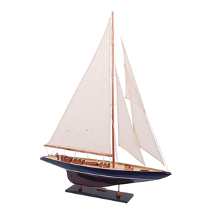 Modèle de voilier écologique artisanal en bois, bleu foncé et marron, type schooner, décoration nautique pour table et maison - Product Image 2