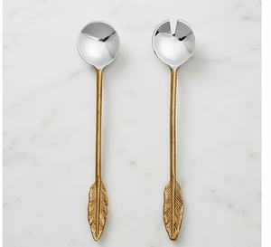 Ensemble de cuillères de service en métal avec design plume d'oiseau, manche doré en acier inoxydable, 2 pièces pour la cuisine - Product Image 3
