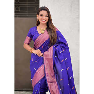 ผ้าไหมเยโอล่าปายทานีสีม่วงลายทวิลซารีแบบทอสองชั้น สำหรับงานแต่งงาน งานดิวาลี งานเลี้ยง งานปาร์ตี้ฤดูหนาว ชุดแบบดั้งเดิม สง่างาม เหมาะสำหรับงานกลางคืน ผ้าไม่ยับ - Product Image 2