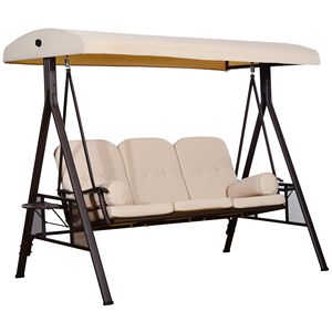 Dondolo da Giardino a 3 Posti con Tettuccio Parasole Beige Eleganza, Cuscini Rimovibili e Vassoi Laterali - Product Image 1