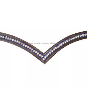 Bande de front de cheval en cuir vide en forme de V profond de luxe incrusté de strass de cristaux bleus et argentés dans toutes les tailles et couleurs personnalisées - Product Image 1