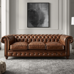 Sofá Chesterfield de Cuero Marrón de Lujo de 3 Plazas, Fabricante de Sofás Acolchados para Vestíbulo de Hotel, Sala de Estar, Exportación - Product Image 1