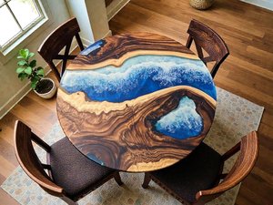 Mesa de centro de olas oceánicas, mesa de epoxi con efecto río, mesa de centro costera, mesa redonda de madera, muebles inspirados en la playa, mesa de centro hecha a mano con temática oceánica - Product Image 6