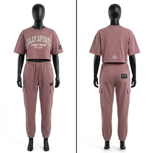 Women Premium 320 GSM Cotton Fleece Crop <b>Top</b> And Cargo Pant Set Purple <b>Rhinestone</b> Heat Transfer Custom Logo Women's Sets - Product Image 5