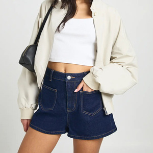 Shorts de mezclilla azul oscuro de cintura alta con costuras premium personalizadas para mujer, shorts de jean de algodón sólido de pierna recta casuales para verano. - Product Image 3