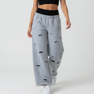 Pantalones anchos de mujer con doble cintura y efecto desgastado Glory Custom para ropa urbana, calidad premium, venta al por mayor OEM - Product Image 4