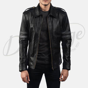 Chaqueta de Cuero Genuino Negra para Hombre con Franjas Grises en los Bíceps, Chaqueta de Motero Elegante, Corte Ajustado, Abrigo Urbano de Invierno - Product Image 3