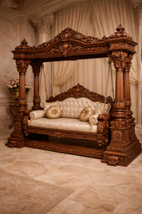 ชิงช้าสี่เสาสไตล์พระราชวังมหารานี สำหรับวิลล่าหรูหรา ชิงช้าไม้แกะสลักด้วยมือสไตล์โบราณสีน้ำตาล ชุดชิงช้าซานดิเอโก - Product Image 2