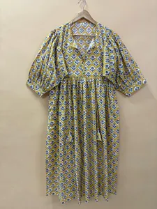 Vintage Yellow Floral Block Print Cotton Midi <b>Dress</b> with Puff Sleeves Tie-Neck <b>Loose</b> Fit Casual Summer <b>Dress</b> For Women - Product Image 1