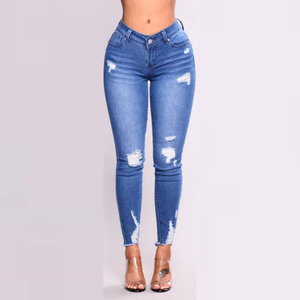 Jeans Ajustados de Mezclilla con Cintura Alta, Transpirables, con Estilo Desgastado, Vintage, Casuales, de Algodón Elástico Azul para Mujer - Product Image 2