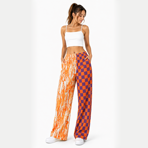 Pantalones de descanso de pierna ancha para mujer adulta, de cintura media, con frente plano, de verano, con estampado de leopardo a cuadros, estilo Western, de moda personalizada - Product Image 3