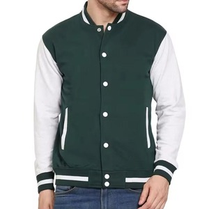 High Quality Classic Winter Leather Woolen Varsity <b>Jacket</b> Green Body White Sleeves Custom OEM Front Logo Stand Sherpa Heated - Product Image 1