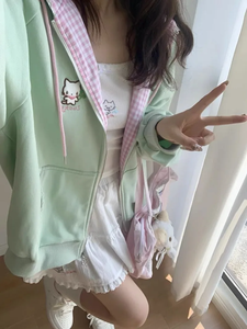 Sweat-shirts à capuche zippés pour femme, imprimé floral chat Kawaii vert, veste fine rose, vêtements de printemps et d'automne, streetwear mignon - Product Image 6